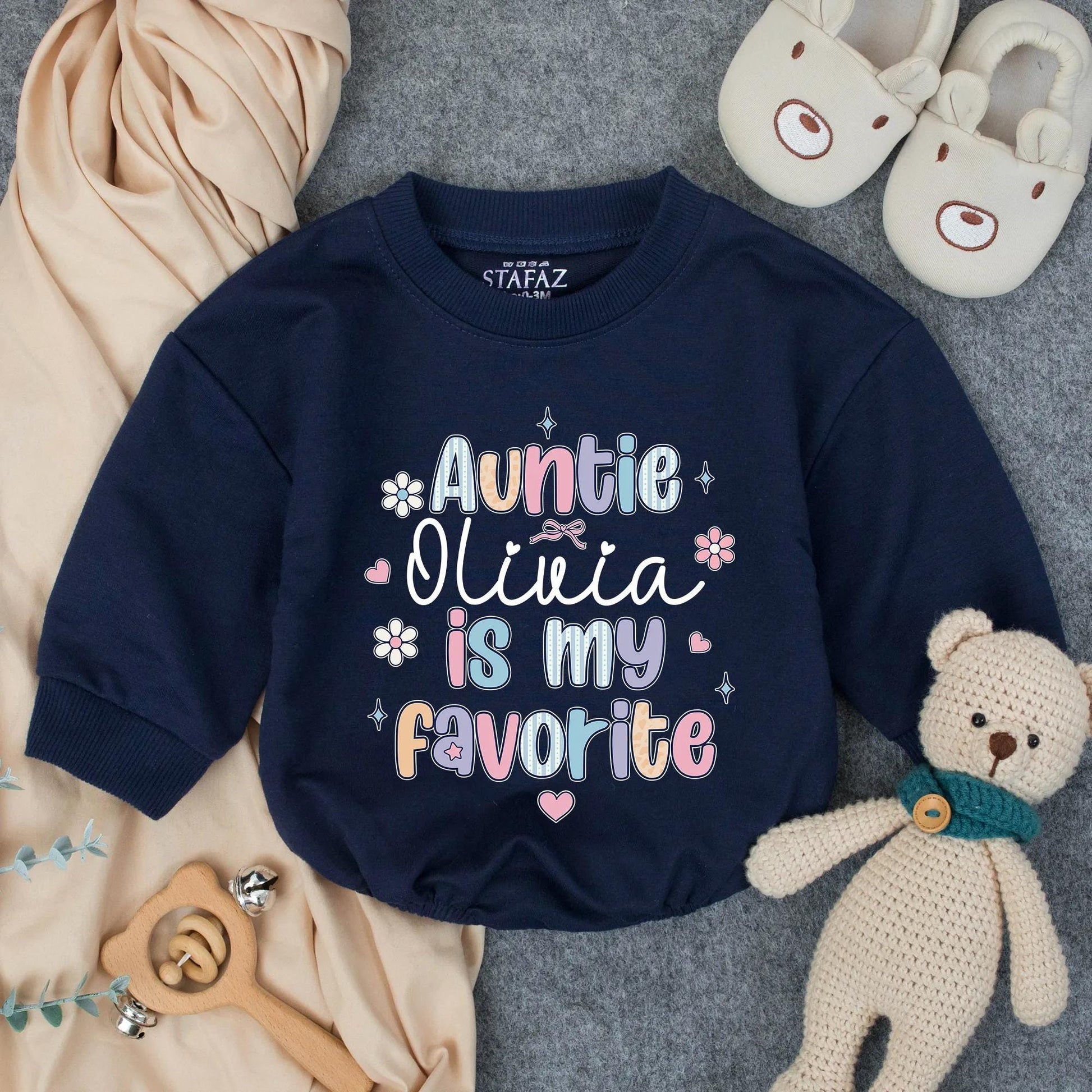 Customized Auntie Olivia is My Favorite Baby Romper Pastel Whimsical Font Cute Hand-drawn Design New Aunt Gift Infant Bodysuit Toddler Outfit