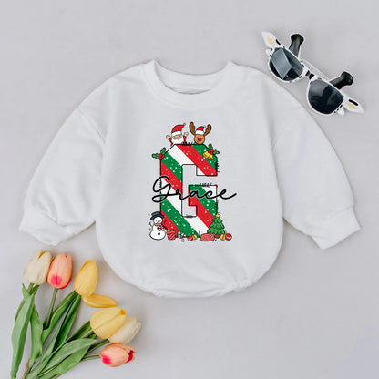 Custom Monogram Christmas Bubble Romper for Baby, Personalized Name Xmas Outfit, Festive Toddler Clothes, Baby Shower Gift, Newborn Bodysuit (137 chars)