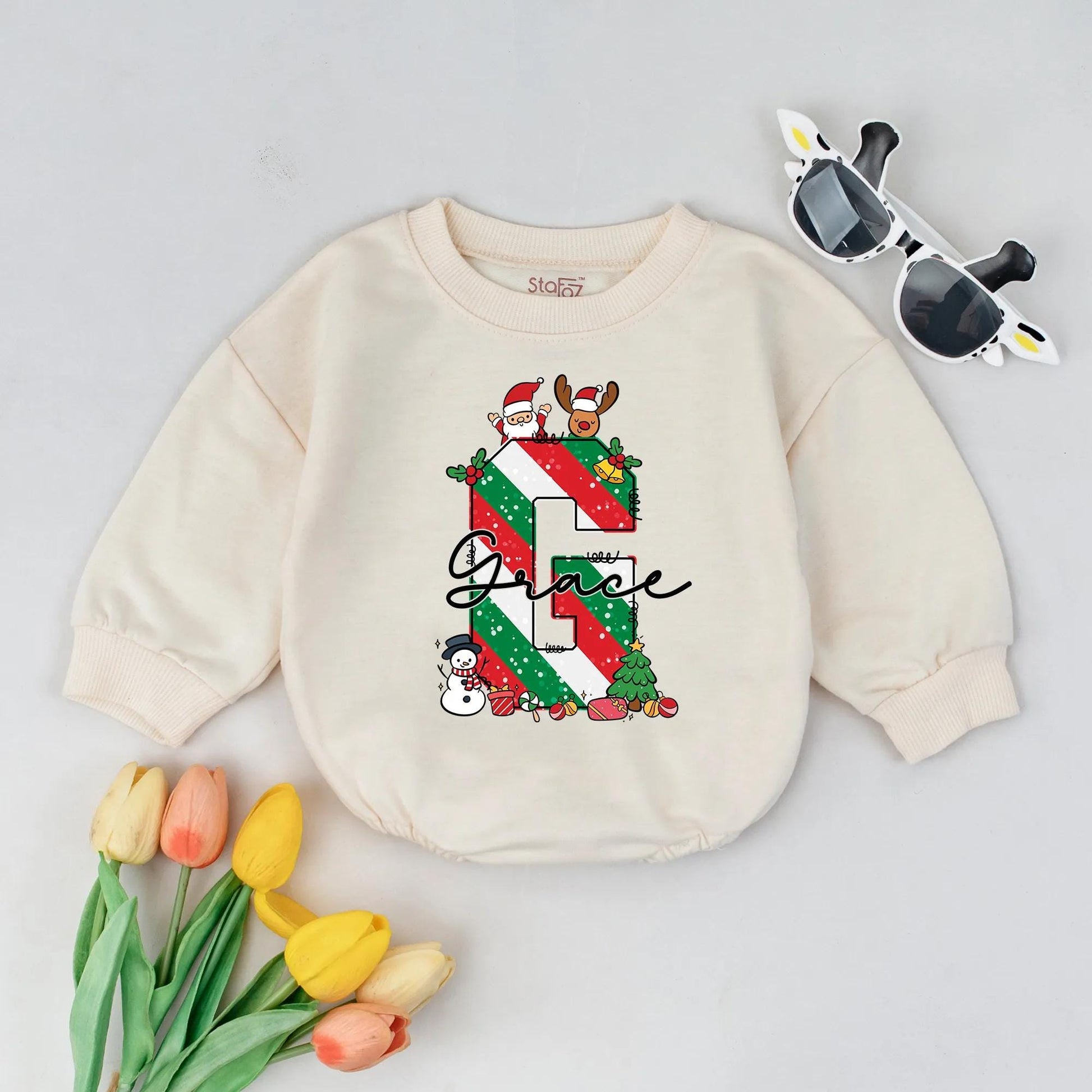 Custom Monogram Christmas Bubble Romper for Baby, Personalized Name Xmas Outfit, Festive Toddler Clothes, Baby Shower Gift, Newborn Bodysuit (137 chars)