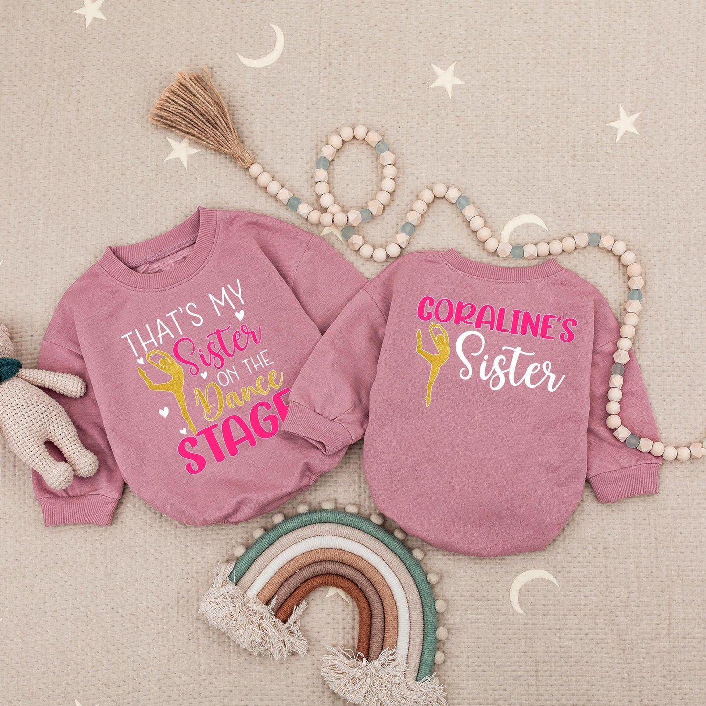 Custom Name Glitter Dance Sister Bubble Romper Matching Family Baby Gift Pink Gold Dancer Design Dance Team Outfit Toddler Girl Recital Present Playful Cute