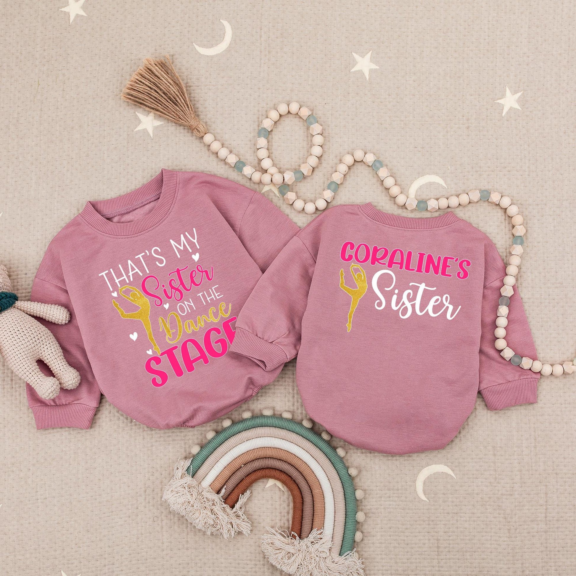 Custom Name Glitter Dance Sister Bubble Romper Matching Family Baby Gift Pink Gold Dancer Design Dance Team Outfit Toddler Girl Recital Present Playful Cute