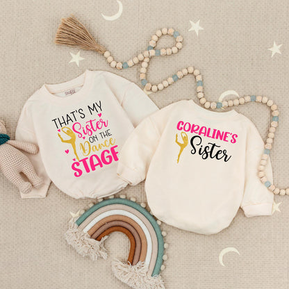 Custom Name Glitter Dance Sister Bubble Romper Matching Family Baby Gift Pink Gold Dancer Design Dance Team Outfit Toddler Girl Recital Present Playful Cute