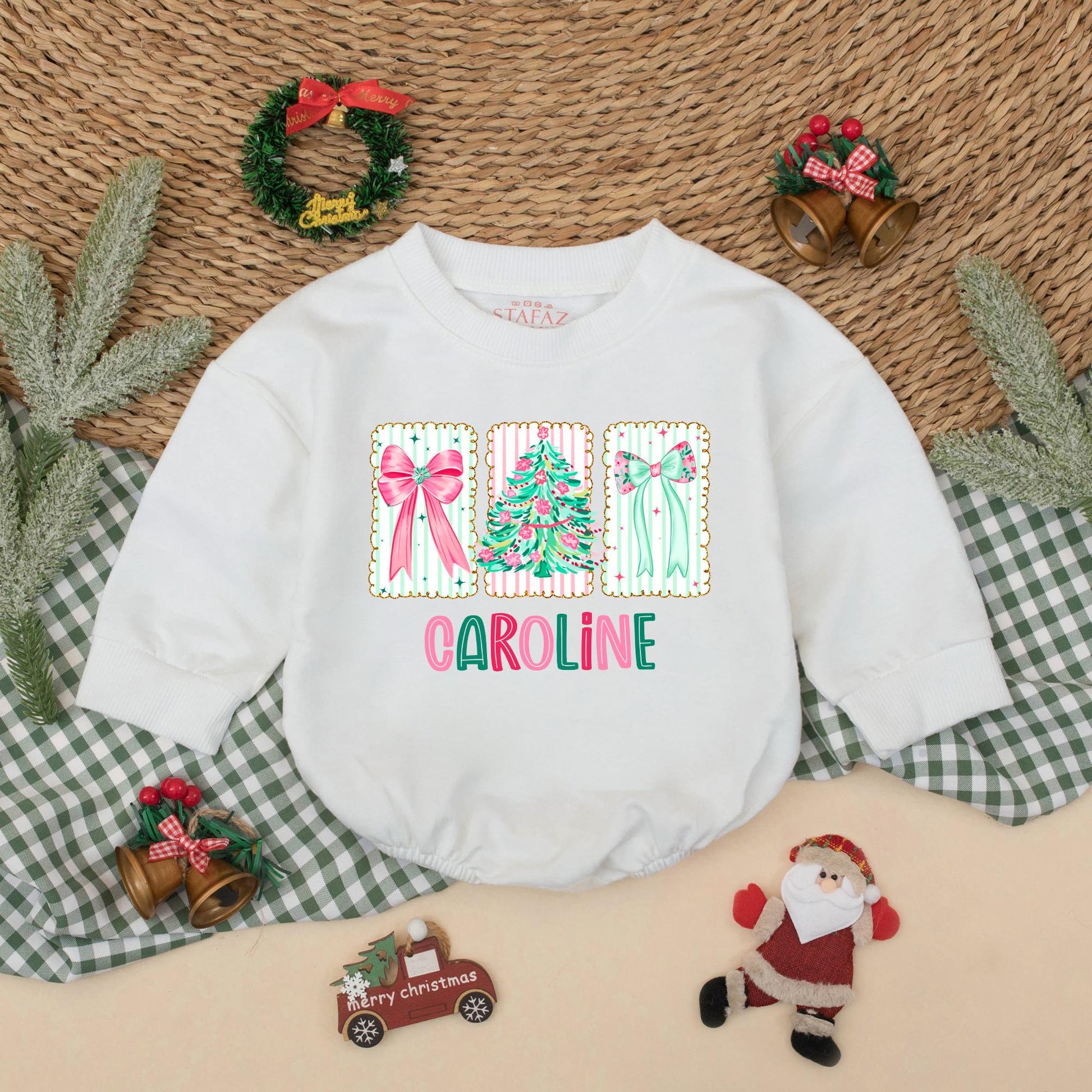 Personalized Christmas Romper for Baby Girl, Bow & Tree Outfit, Custom Name Xmas Bodysuit, Infant Holiday Clothing, Festive Toddler Gift, Caroline Design 138