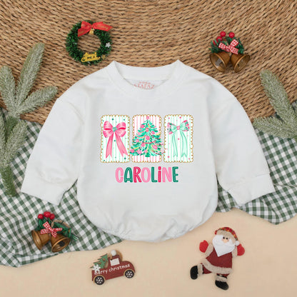 Personalized Christmas Romper for Baby Girl, Bow & Tree Outfit, Custom Name Xmas Bodysuit, Infant Holiday Clothing, Festive Toddler Gift, Caroline Design 138