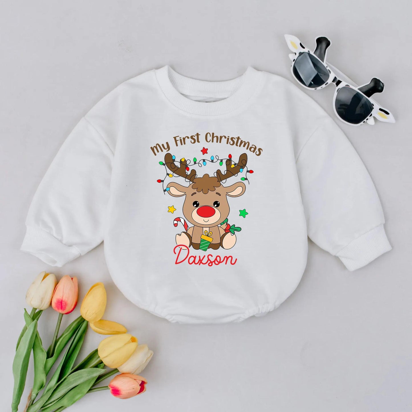 Personalized My First Christmas Romper with Daxson Reindeer Lights for Baby Boys & Girls Cute Holiday Outfit Toddler