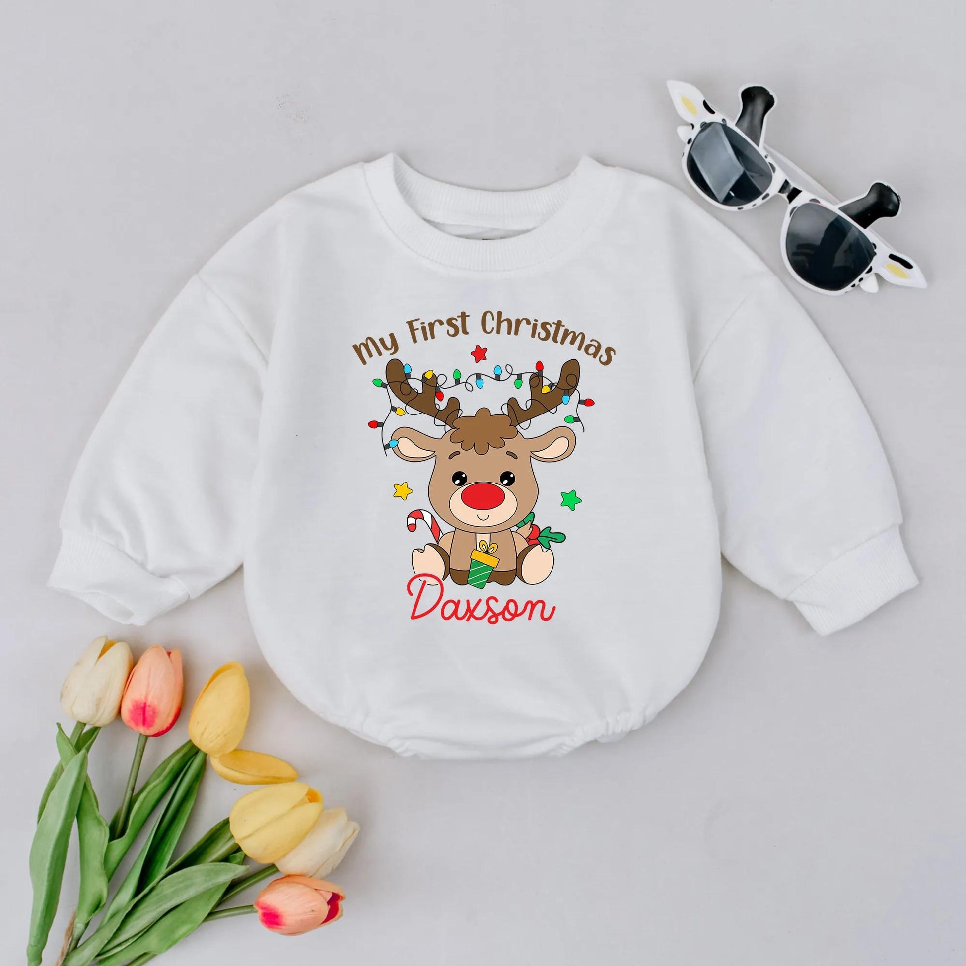 Personalized My First Christmas Romper with Daxson Reindeer Lights for Baby Boys & Girls Cute Holiday Outfit Toddler
