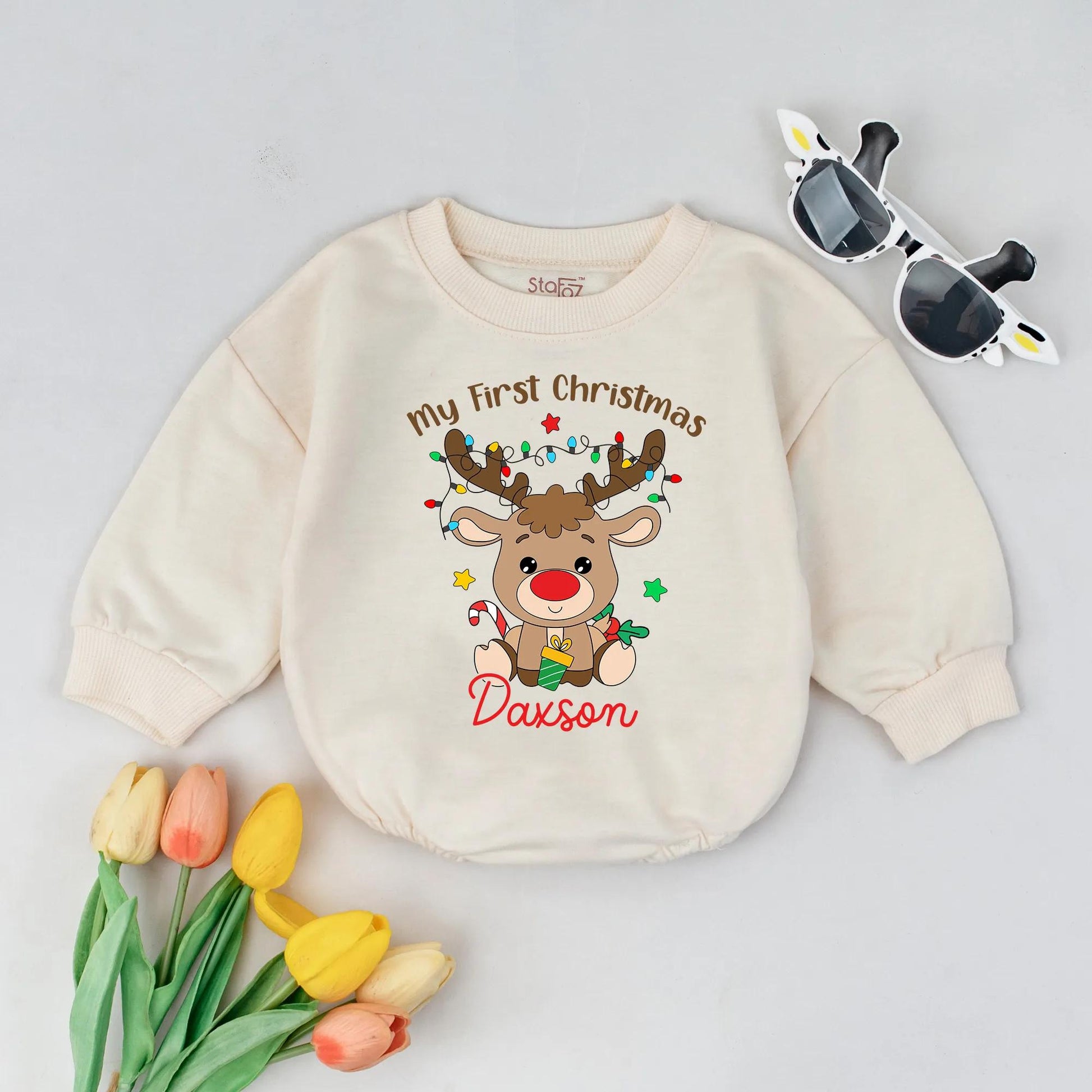 Personalized My First Christmas Romper with Daxson Reindeer Lights for Baby Boys & Girls Cute Holiday Outfit Toddler