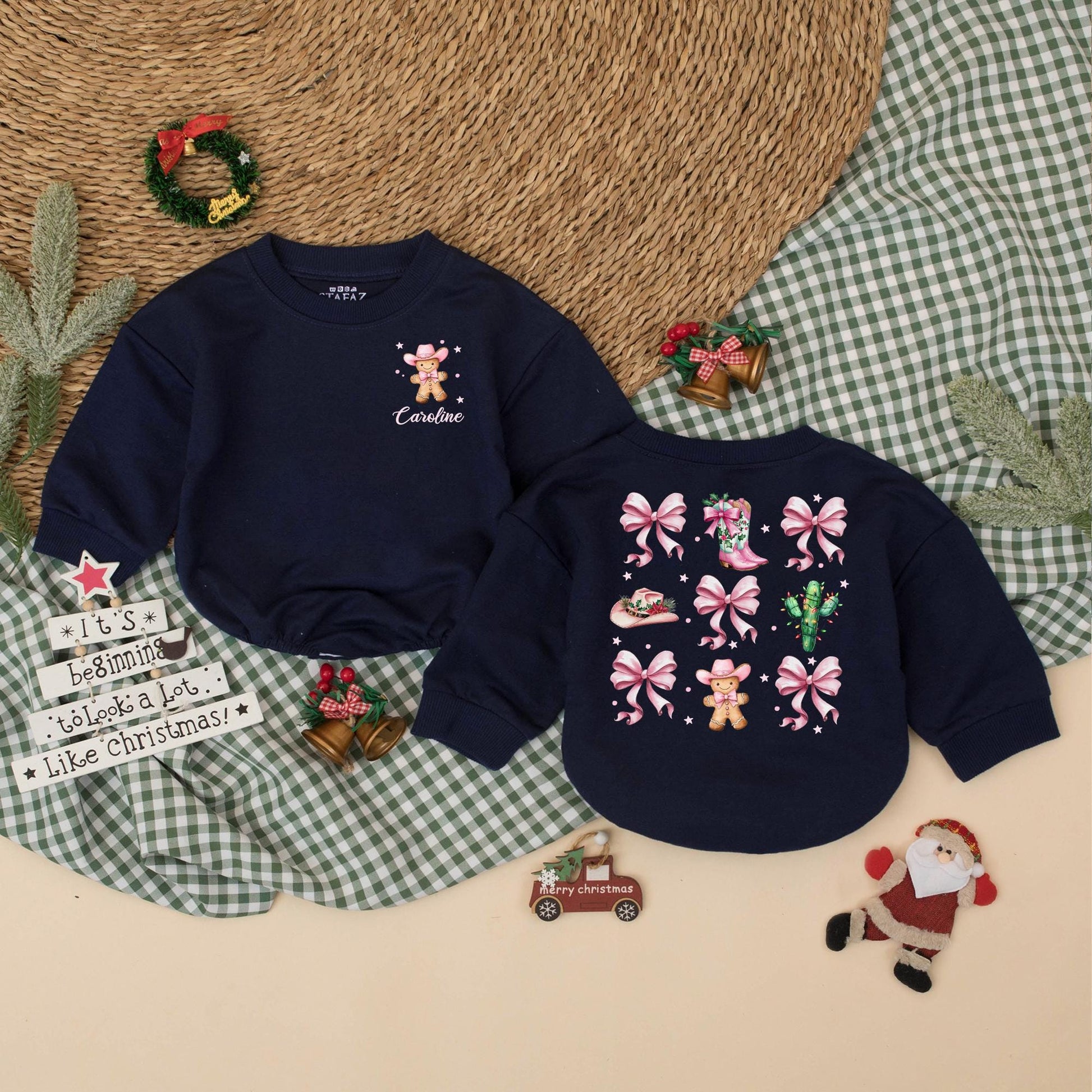 Caroline's Western Christmas Bow Romper for Baby Girl | Pink & Green Holiday Bodysuit, Cute Cowboy Xmas Outfit