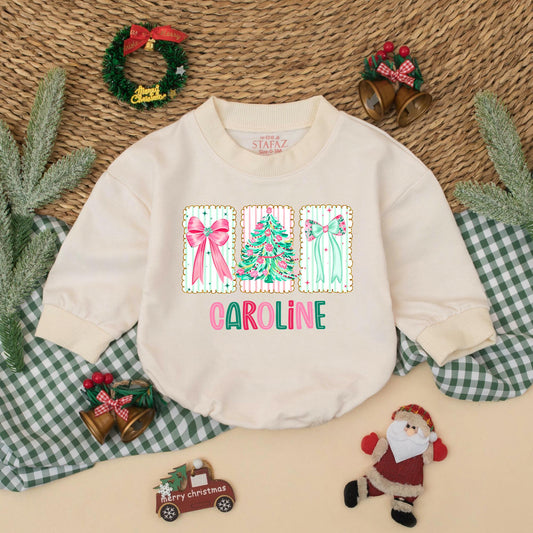 Personalized Christmas Romper for Baby Girl, Bow & Tree Outfit, Custom Name Xmas Bodysuit, Infant Holiday Clothing, Festive Toddler Gift, Caroline Design 138