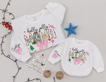 Holly Jolly Mama and Mini Matching Christmas Sweaters, Baby Girl Holiday Romper Outfit, Pink Snowflakes and Bows Family Sweaters Gift Set (139)