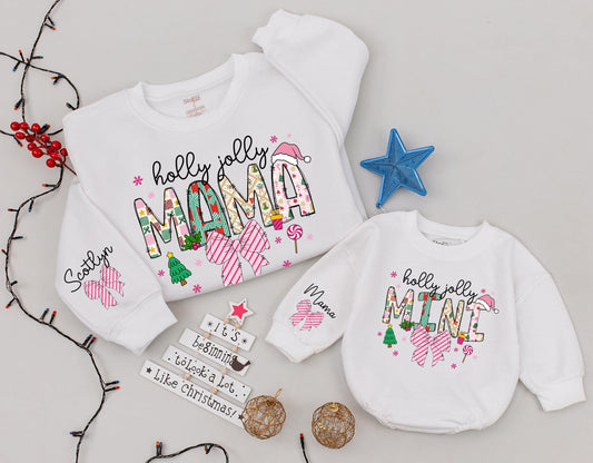 Holly Jolly Mama and Mini Matching Christmas Sweaters, Baby Girl Holiday Romper Outfit, Pink Snowflakes and Bows Family Sweaters Gift Set (139)