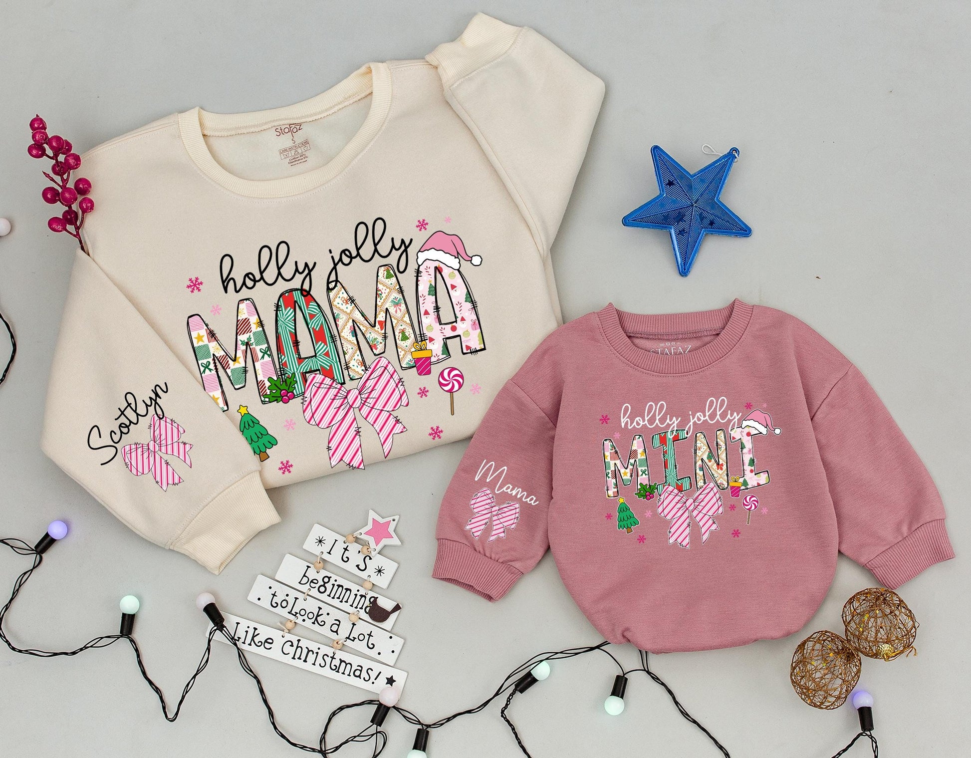 Holly Jolly Mama and Mini Matching Christmas Sweaters, Baby Girl Holiday Romper Outfit, Pink Snowflakes and Bows Family Sweaters Gift Set (139)