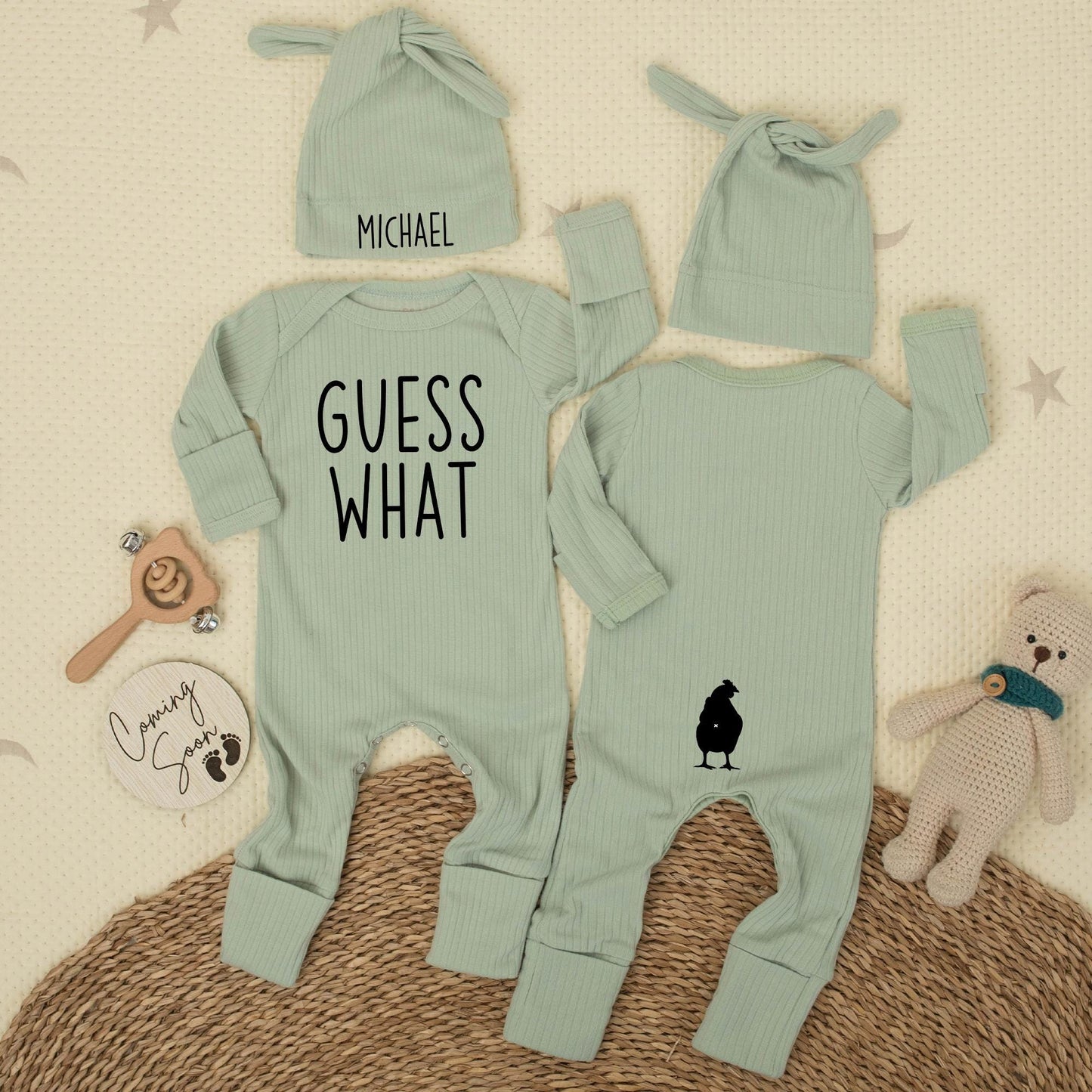 Custom Guess What Chicken Butt Bodysuit Funny Newborn Baby Outfit for Boys or Girls Soft Cotton Baby Shower Gift Coming Home Clothes