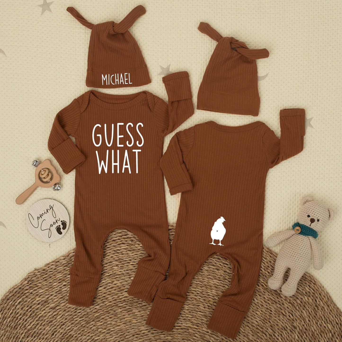 Custom Guess What Chicken Butt Bodysuit Funny Newborn Baby Outfit for Boys or Girls Soft Cotton Baby Shower Gift Coming Home Clothes