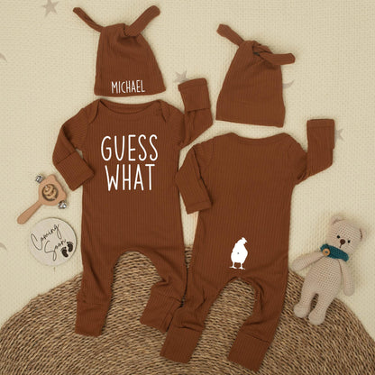 Custom Guess What Chicken Butt Bodysuit Funny Newborn Baby Outfit for Boys or Girls Soft Cotton Baby Shower Gift Coming Home Clothes