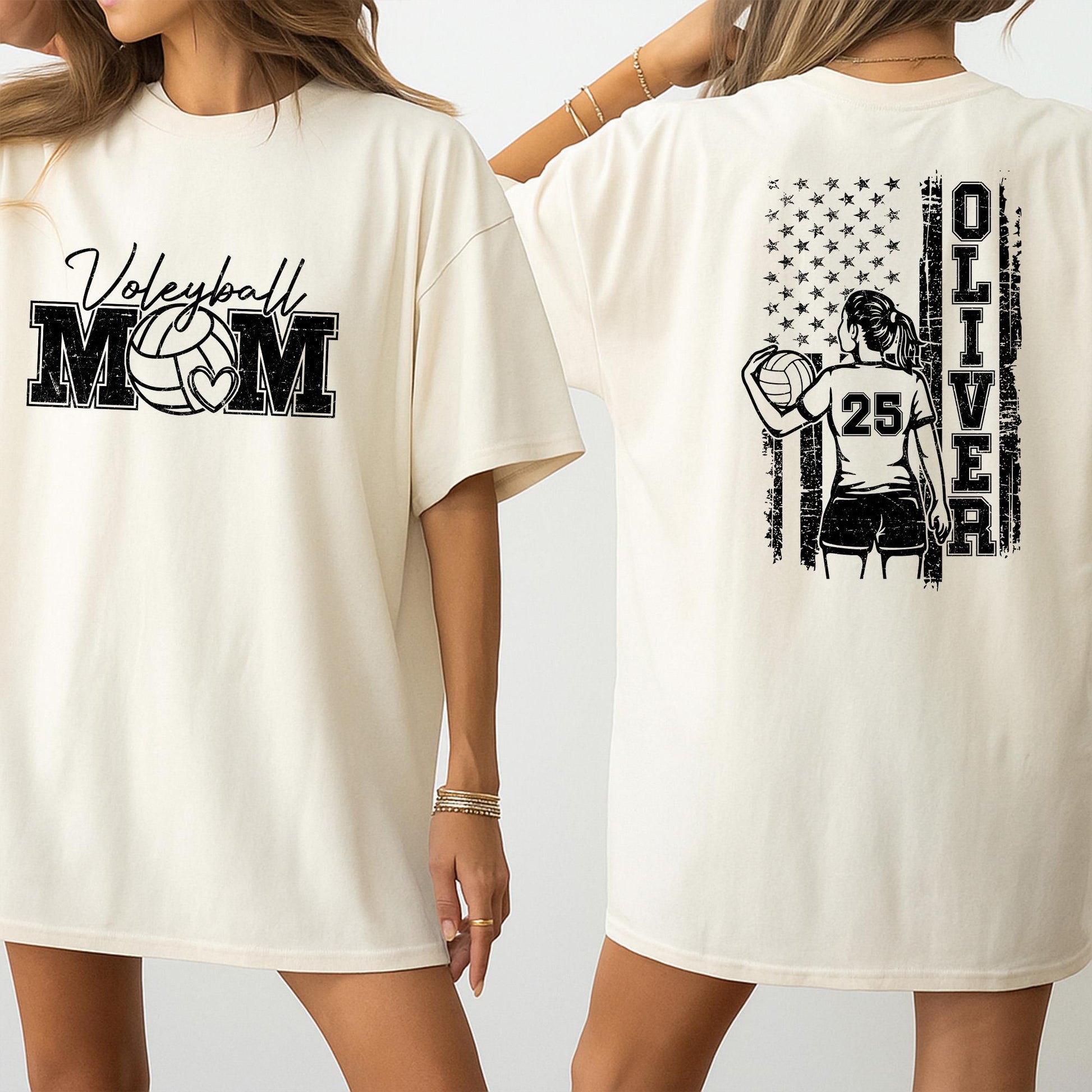 Personalized Volleyball Mom Shirt Player Oliver 25 American Flag Design Game Day Sports Apparel Black White Team Fan Outfit Gift