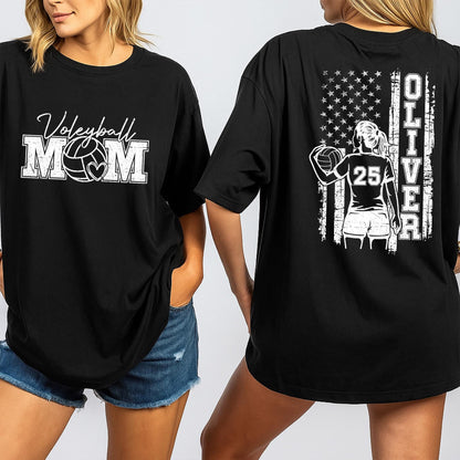 Personalized Volleyball Mom Shirt Player Oliver 25 American Flag Design Game Day Sports Apparel Black White Team Fan Outfit Gift