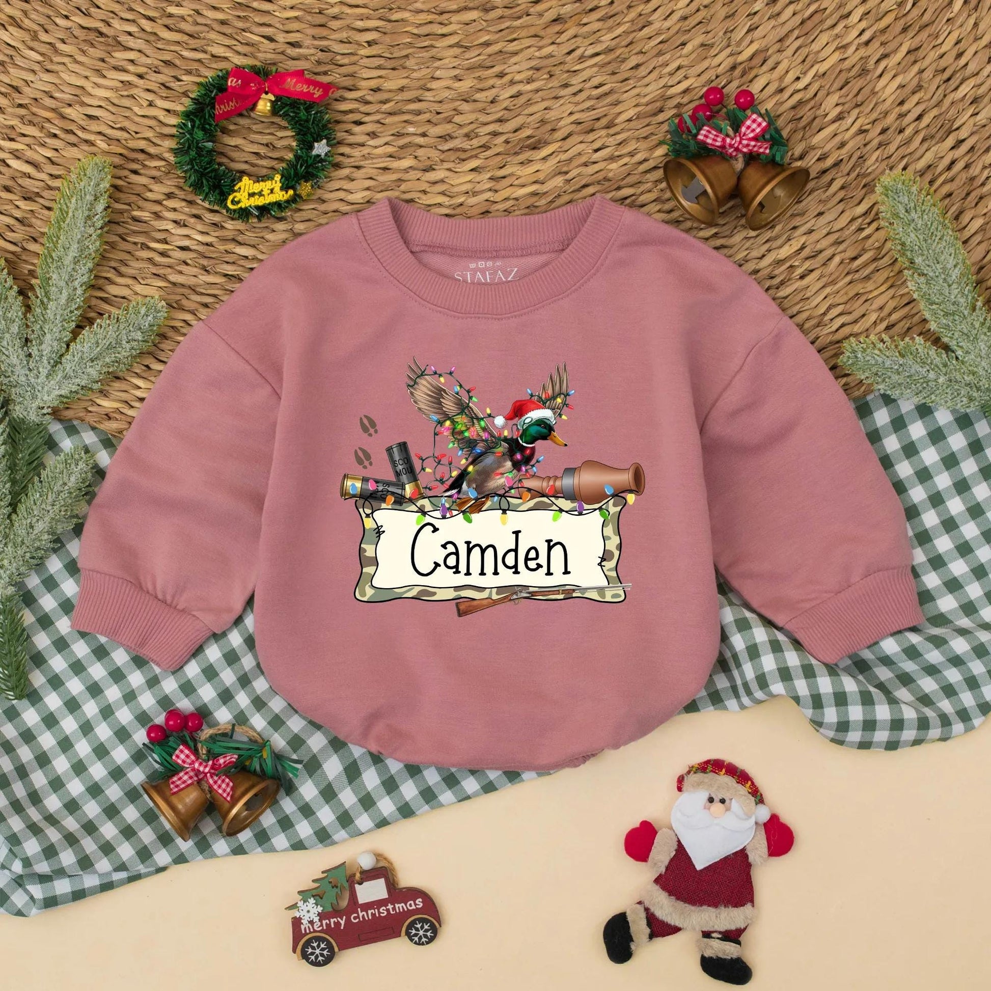 Personalized Christmas Mallard Duck Romper Hunting Baby Outfit with Name Santa Hat Festive Whimsical Rustic Holiday Clothes Gift