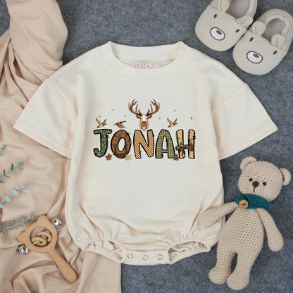 Personalized Hunting Bubble Romper for Boys, Rustic Deer & Mallard Duck Custom Name Design, Camo Plaid Wood Grain Southern Baby Gift