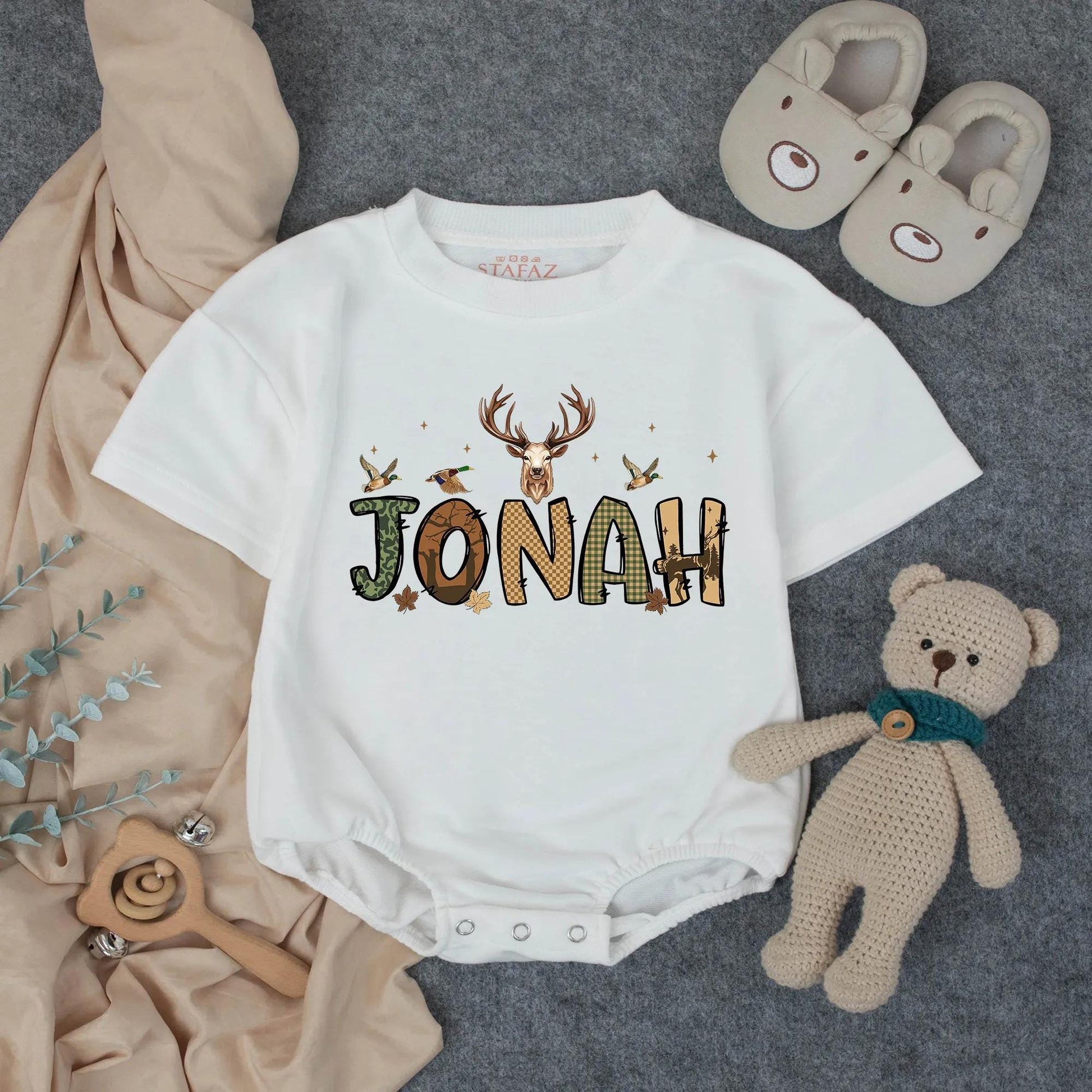 Personalized Hunting Bubble Romper for Boys, Rustic Deer & Mallard Duck Custom Name Design, Camo Plaid Wood Grain Southern Baby Gift