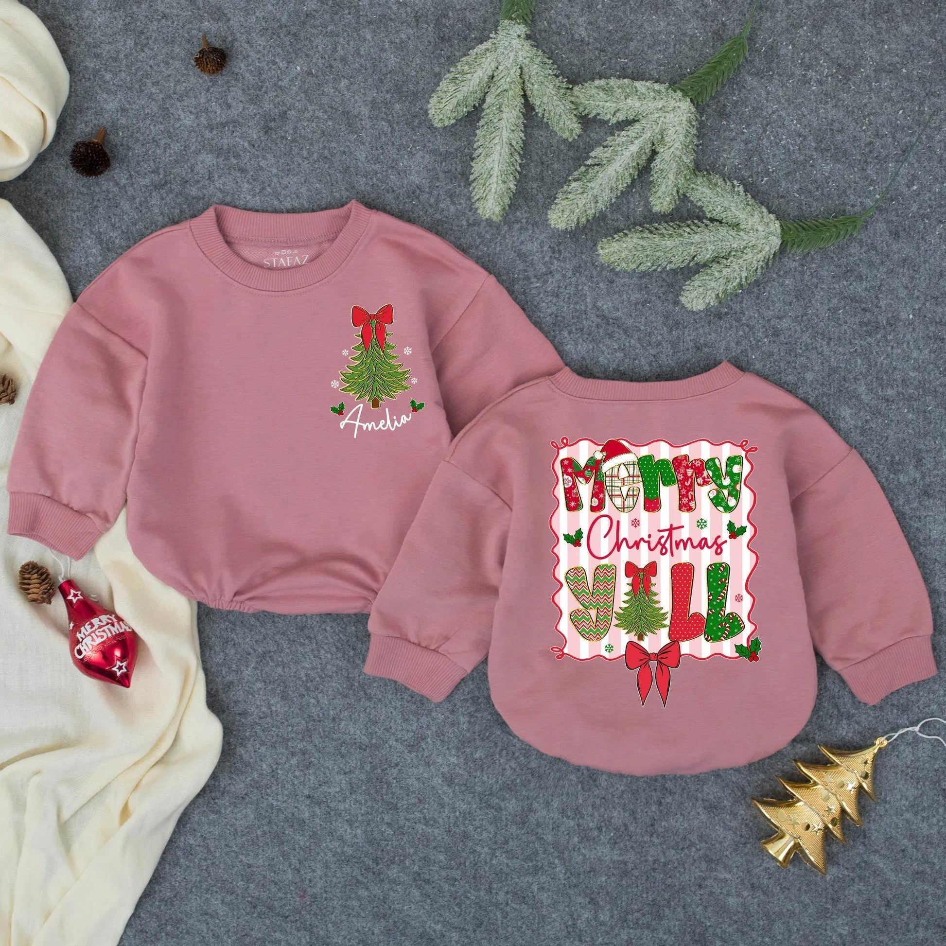 Personalized Merry Christmas Yall Bubble Romper Baby Girl Outfit Whimsical Tree Snowflakes Holly Pink Stripes Toddler Bodysuit Winter Holiday Gift