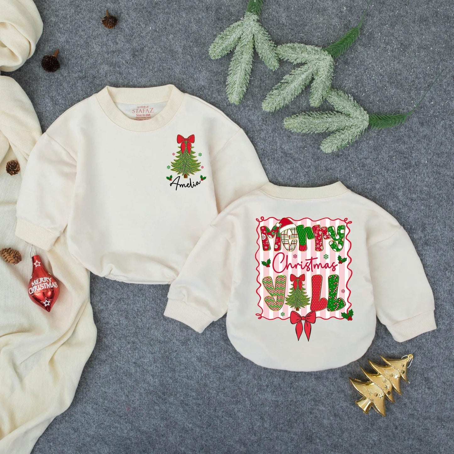 Personalized Merry Christmas Yall Bubble Romper Baby Girl Outfit Whimsical Tree Snowflakes Holly Pink Stripes Toddler Bodysuit Winter Holiday Gift