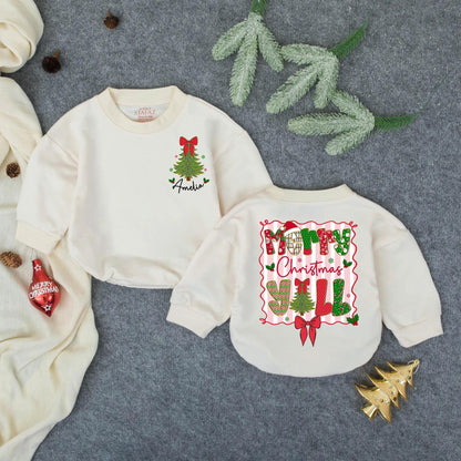Personalized Merry Christmas Yall Bubble Romper Baby Girl Outfit Whimsical Tree Snowflakes Holly Pink Stripes Toddler Bodysuit Winter Holiday Gift