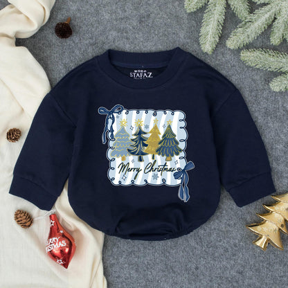 Merry Christmas Baby Bubble Romper Blue Gold Tree Whimsical First Holiday Infant Outfit Toddler Clothes Baby Shower Gift