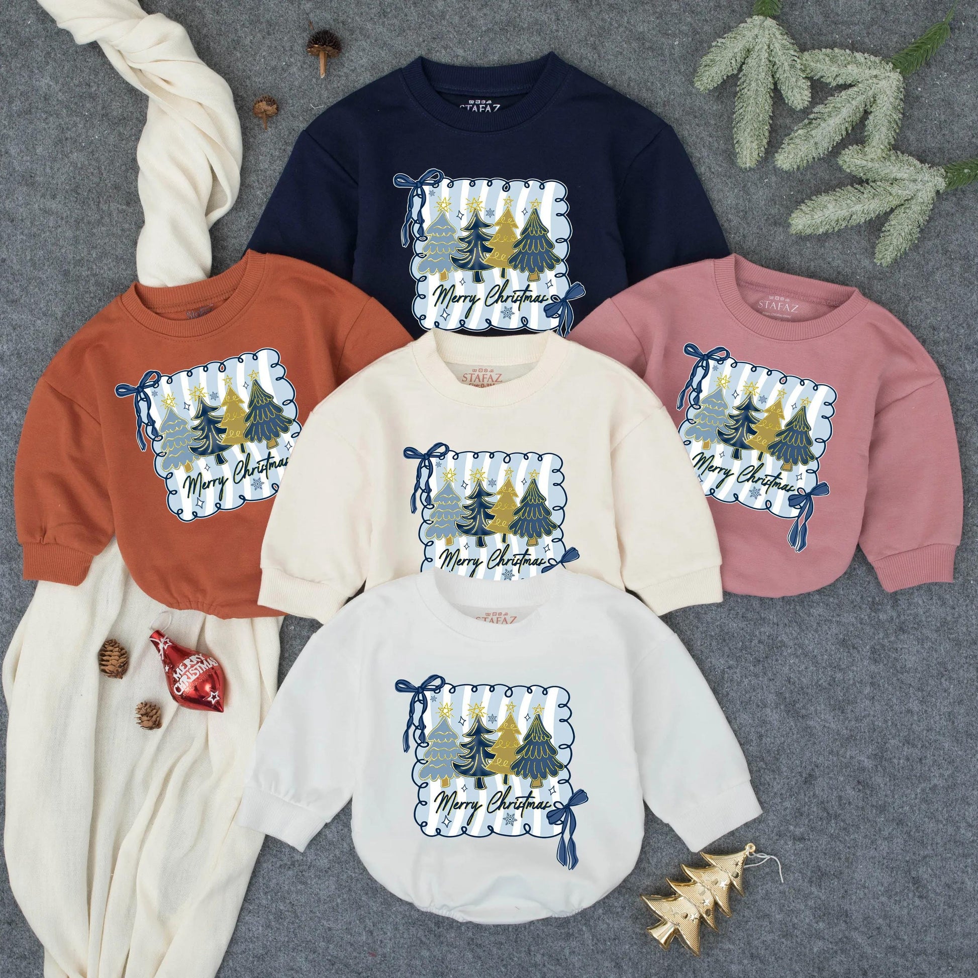 Merry Christmas Baby Bubble Romper Blue Gold Tree Whimsical First Holiday Infant Outfit Toddler Clothes Baby Shower Gift