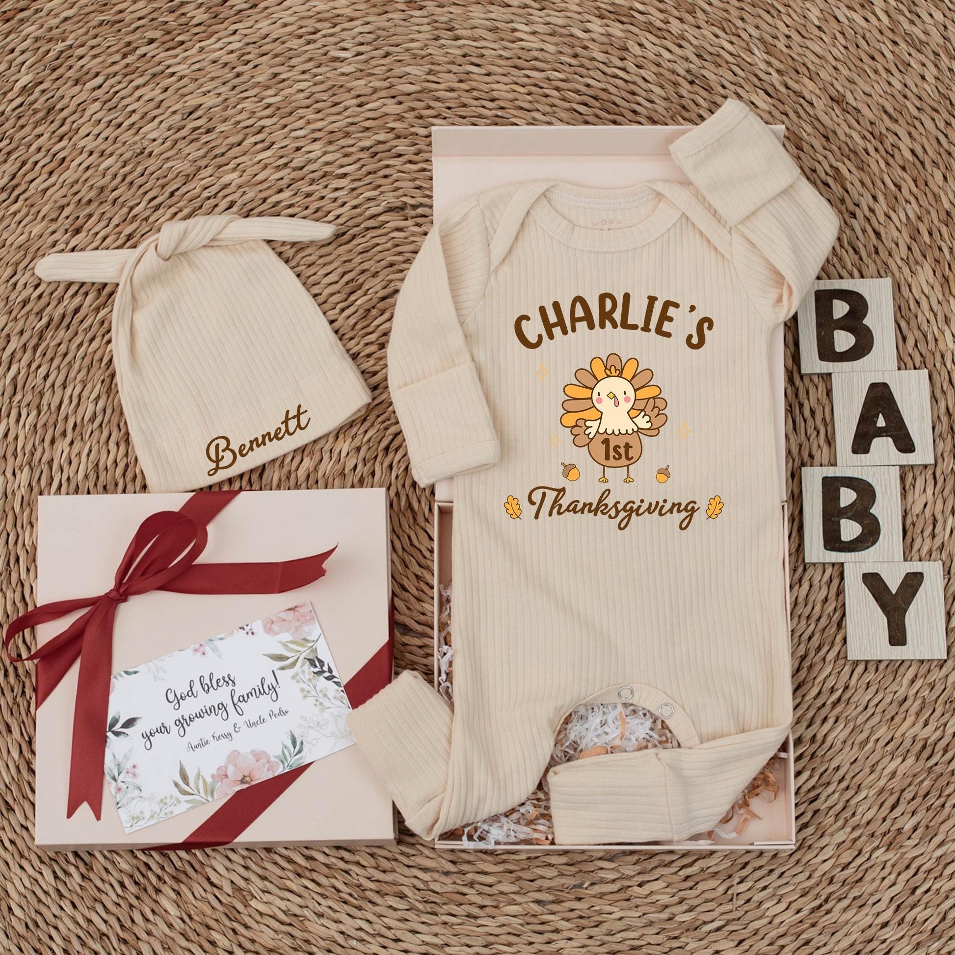 Charlie's 1st Thanksgiving Baby Bodysuit, Cute Turkey Outfit, Fall Newborn Clothes with Acorns & Maple Leaves, Festive Baby Shower Gift (138 chars)