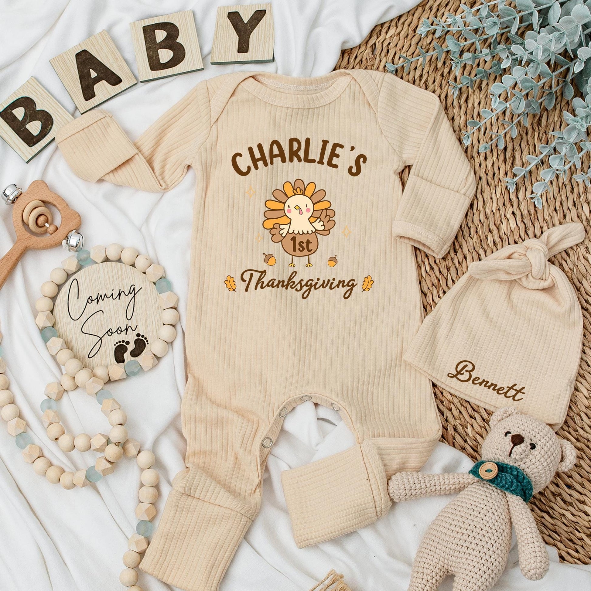 Charlie's 1st Thanksgiving Baby Bodysuit, Cute Turkey Outfit, Fall Newborn Clothes with Acorns & Maple Leaves, Festive Baby Shower Gift (138 chars)