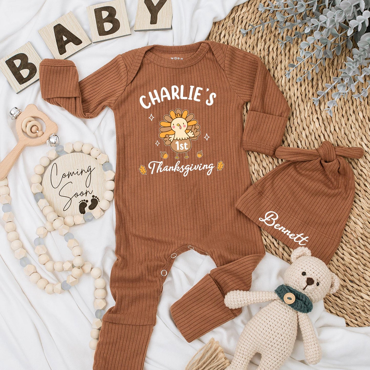 Charlie's 1st Thanksgiving Baby Bodysuit, Cute Turkey Outfit, Fall Newborn Clothes with Acorns & Maple Leaves, Festive Baby Shower Gift (138 chars)