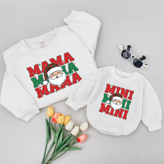 Cute Santa Mama & Mini Matching Christmas Sweatshirts with Vertical Mama Mini Text and Plaid Hat, Festive Holiday Family Sweaters