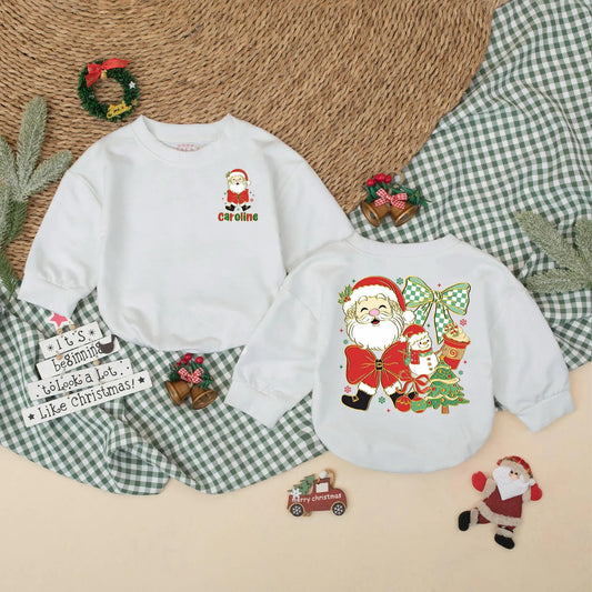 Personalized Baby Christmas Romper with Santa & Snowman Holiday Outfit, Cute Cartoon Name 'Caroline' My First Xmas Red Green Gold Toddler Gift