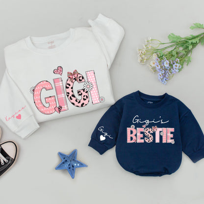 Custom Gigi & Gigi's Bestie Sweatshirts Whimsical Plaid Leopard Dot Girly Matching Niece Gift for Grandma Baby Romper