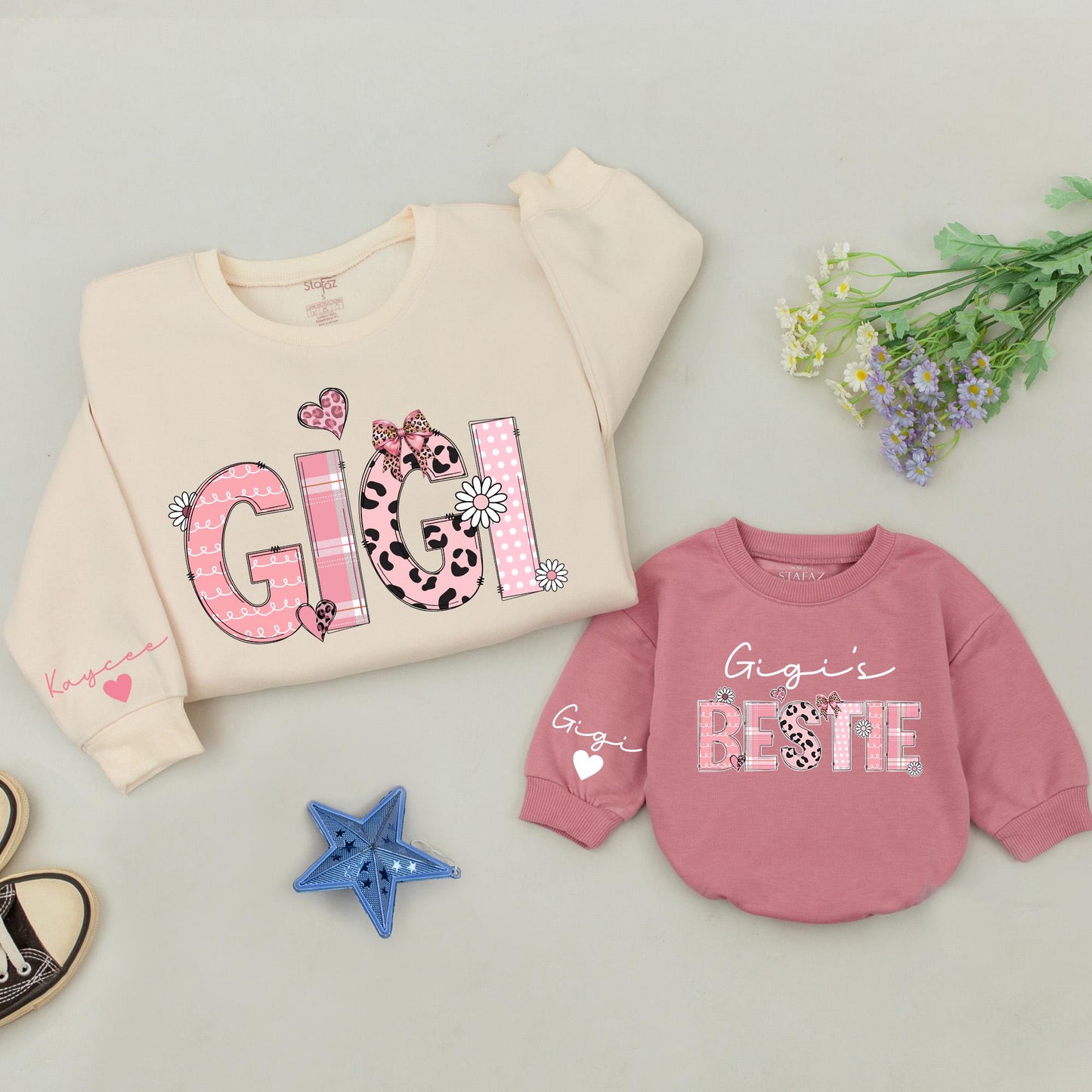 Custom Gigi & Gigi's Bestie Sweatshirts Whimsical Plaid Leopard Dot Girly Matching Niece Gift for Grandma Baby Romper