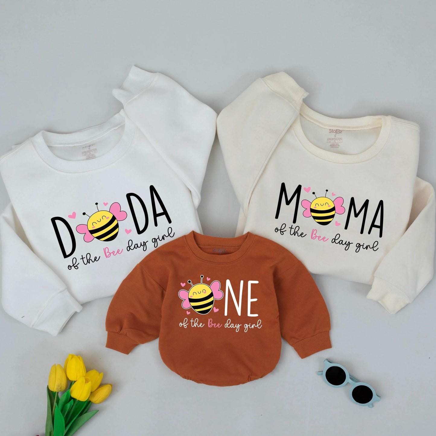 DADA MAMA ONE Bee 1st Birthday Matching Shirts: Sweet Bee Day Girl Outfit for Family, Daughters Party, First Birthday Bee Celebration, Hearts, Pink