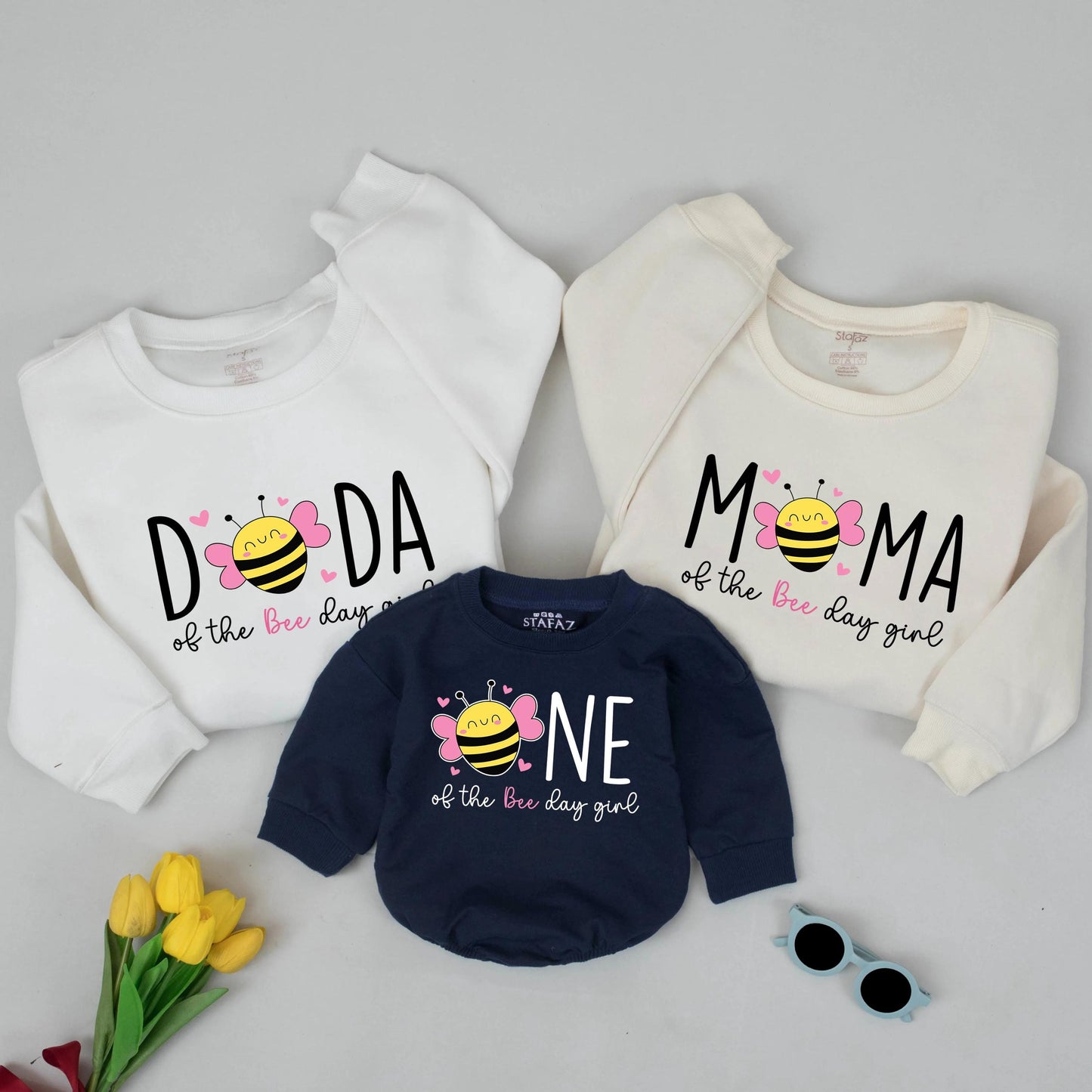 DADA MAMA ONE Bee 1st Birthday Matching Shirts: Sweet Bee Day Girl Outfit for Family, Daughters Party, First Birthday Bee Celebration, Hearts, Pink