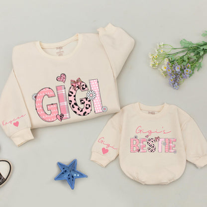 Custom Gigi & Gigi's Bestie Sweatshirts Whimsical Plaid Leopard Dot Girly Matching Niece Gift for Grandma Baby Romper