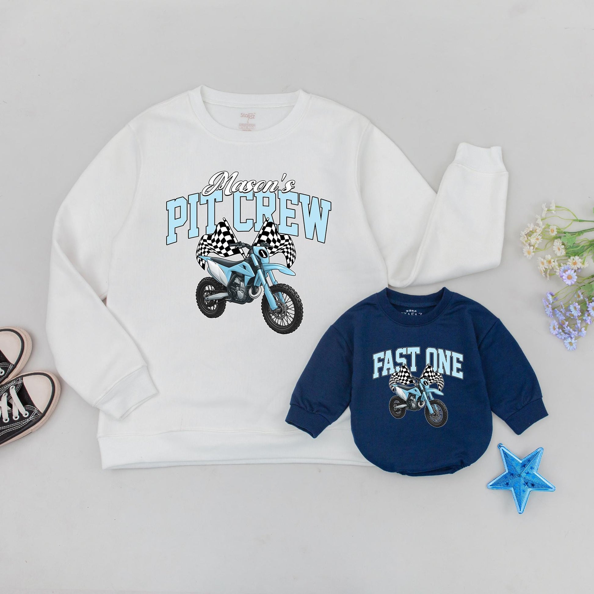 Matching Pit Crew Birthday Outfit for Boy: Personalized Dirt Bike Sweatshirt & Fast One Romper, Family Race Day
