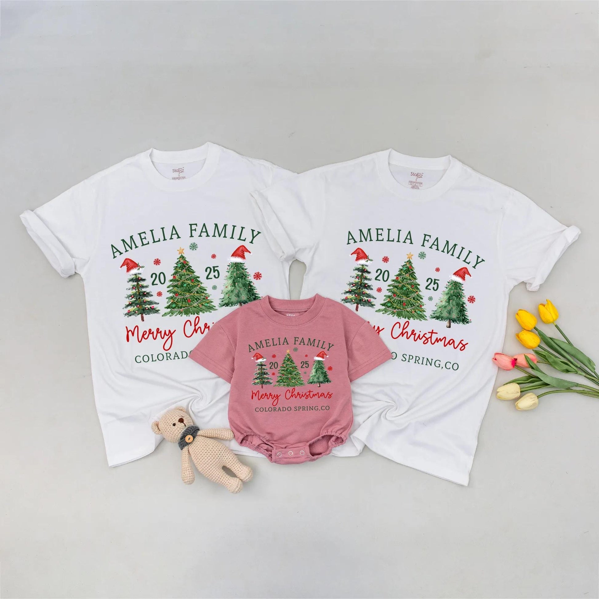 Custom Matching Family Christmas 2025 Shirt, Whimsical Watercolor Tree Design Featuring Your Family Name, Merry Christmas, Santa Hat