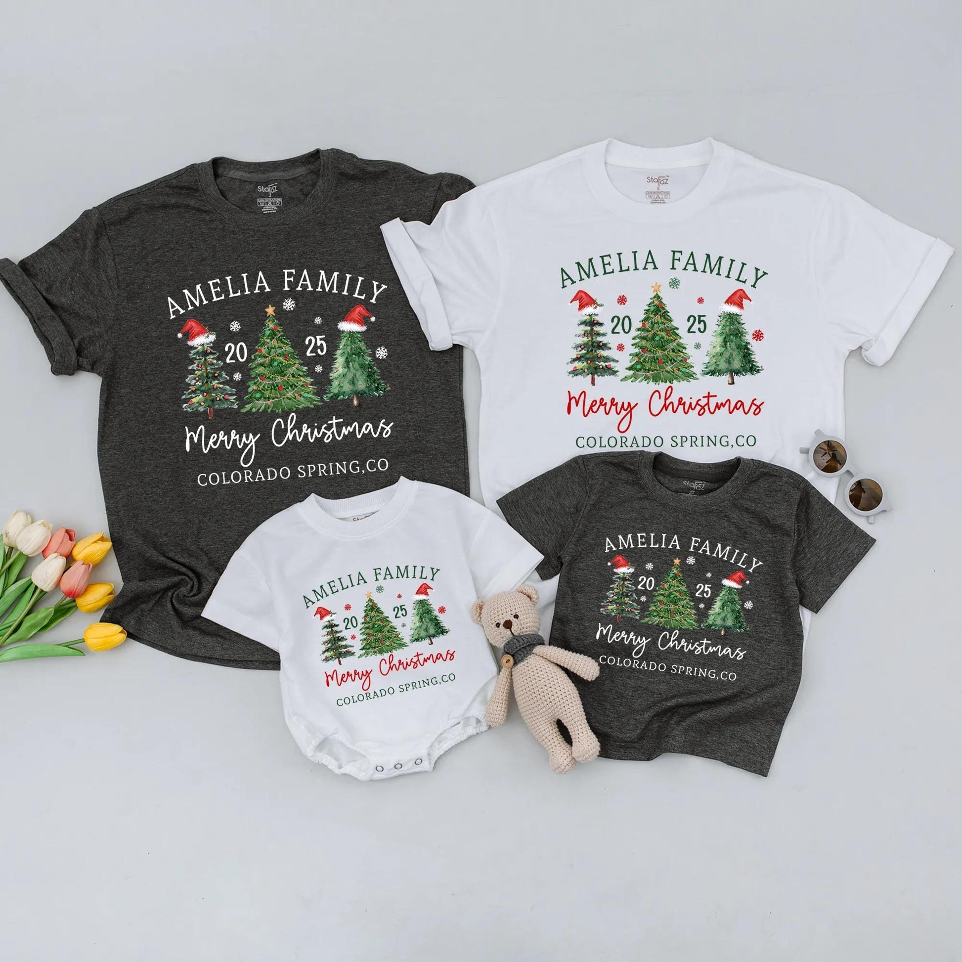 Custom Matching Family Christmas 2025 Shirt, Whimsical Watercolor Tree Design Featuring Your Family Name, Merry Christmas, Santa Hat