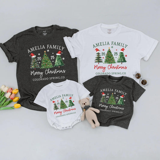 Custom Matching Family Christmas 2025 Shirt, Whimsical Watercolor Tree Design Featuring Your Family Name, Merry Christmas, Santa Hat