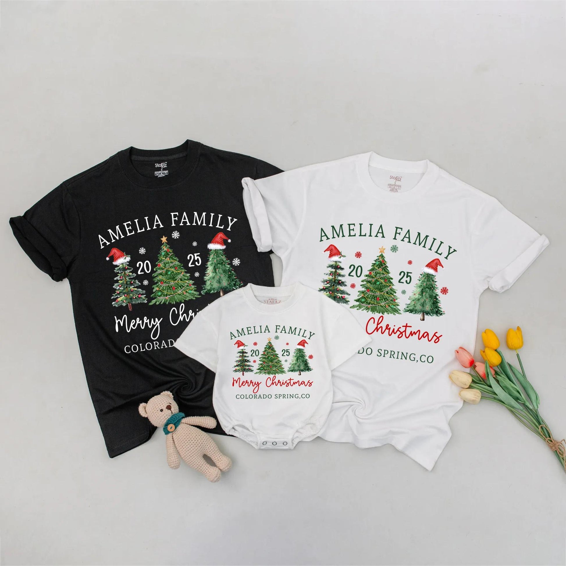 Custom Matching Family Christmas 2025 Shirt, Whimsical Watercolor Tree Design Featuring Your Family Name, Merry Christmas, Santa Hat