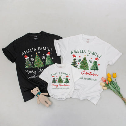 Custom Matching Family Christmas 2025 Shirt, Whimsical Watercolor Tree Design Featuring Your Family Name, Merry Christmas, Santa Hat