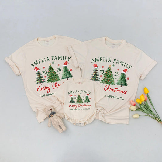 Custom Matching Family Christmas 2025 Shirt, Whimsical Watercolor Tree Design Featuring Your Family Name, Merry Christmas, Santa Hat