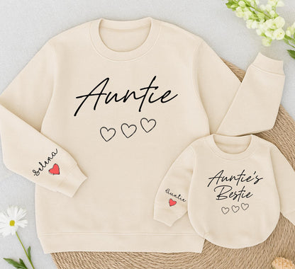 Personalized Auntie and Auntie's Bestie Matching Sweatshirts with Custom Name Script Sleeve and Red Heart Detail for Family Gifts Toddler Baby Romper Newborn Outfit
