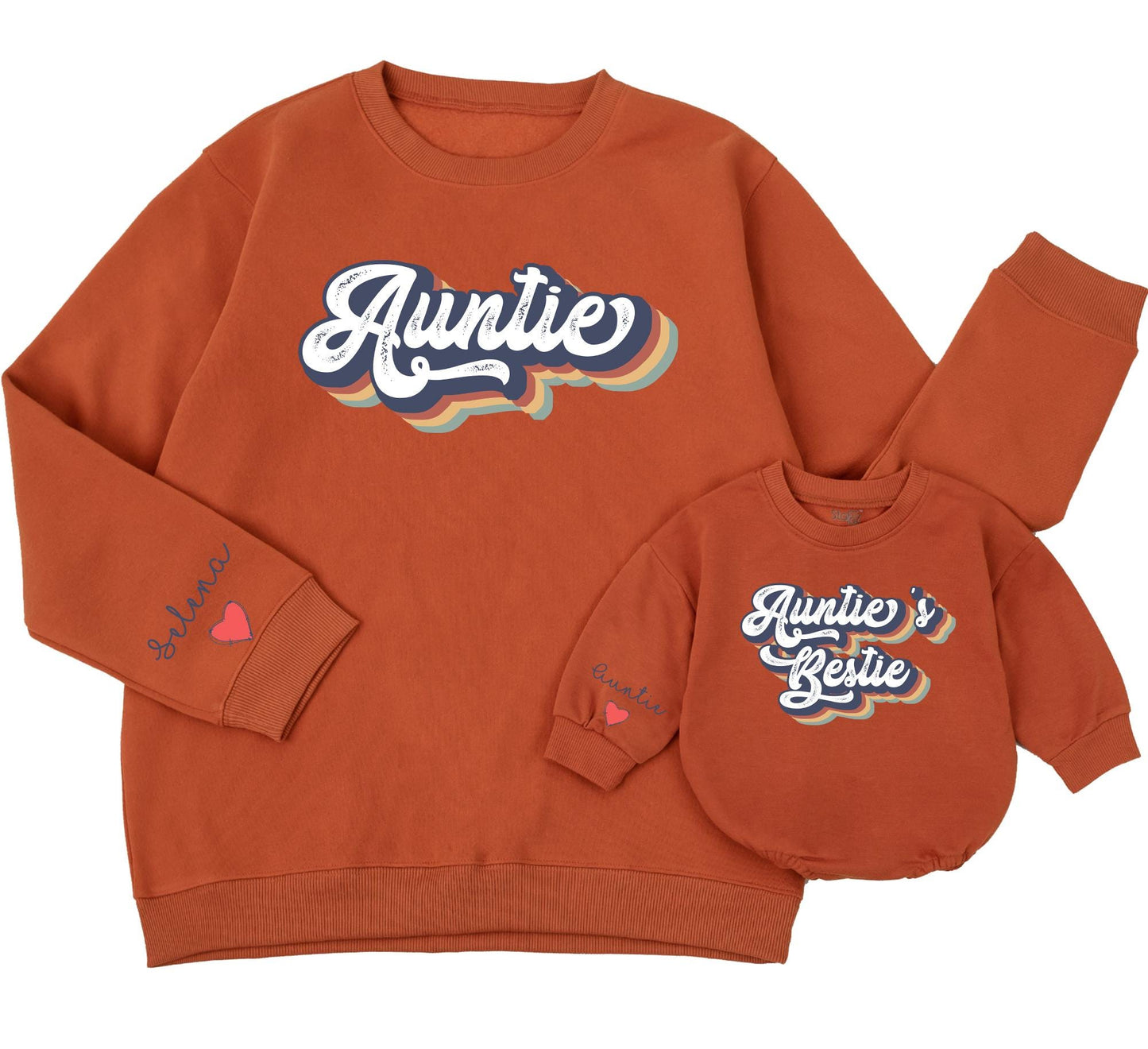 Personalized Auntie and Auntie's Bestie Matching Sweatshirt Family Romper Newborn Baby Toddler Gift Retro Navy Red Yellow Design with Name Heart
