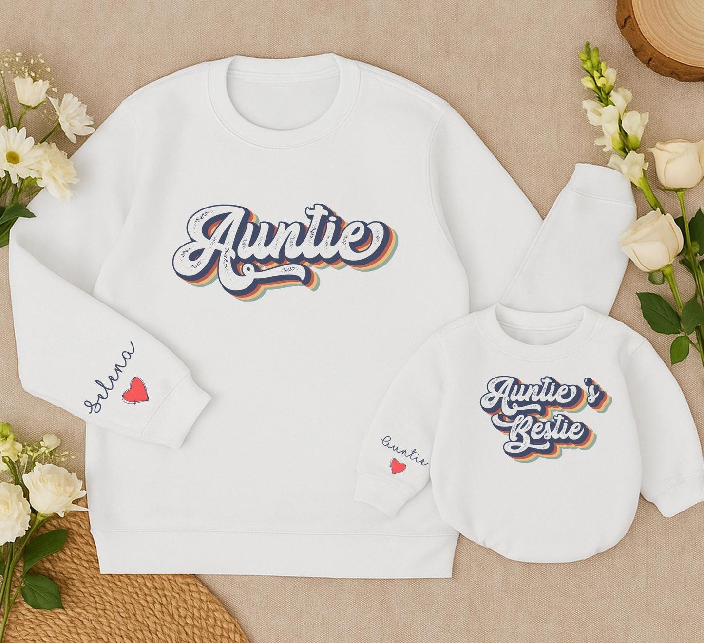 Personalized Auntie and Auntie's Bestie Matching Sweatshirt Family Romper Newborn Baby Toddler Gift Retro Navy Red Yellow Design with Name Heart