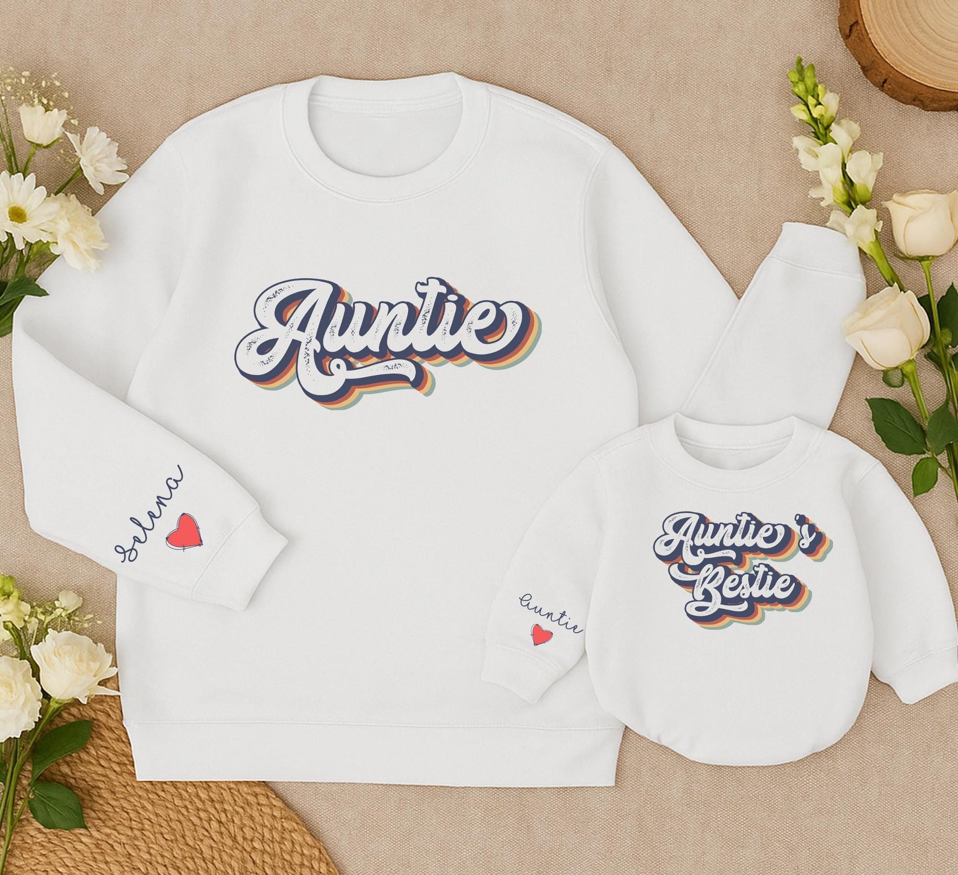 Personalized Auntie and Auntie's Bestie Matching Sweatshirt Family Romper Newborn Baby Toddler Gift Retro Navy Red Yellow Design with Name Heart